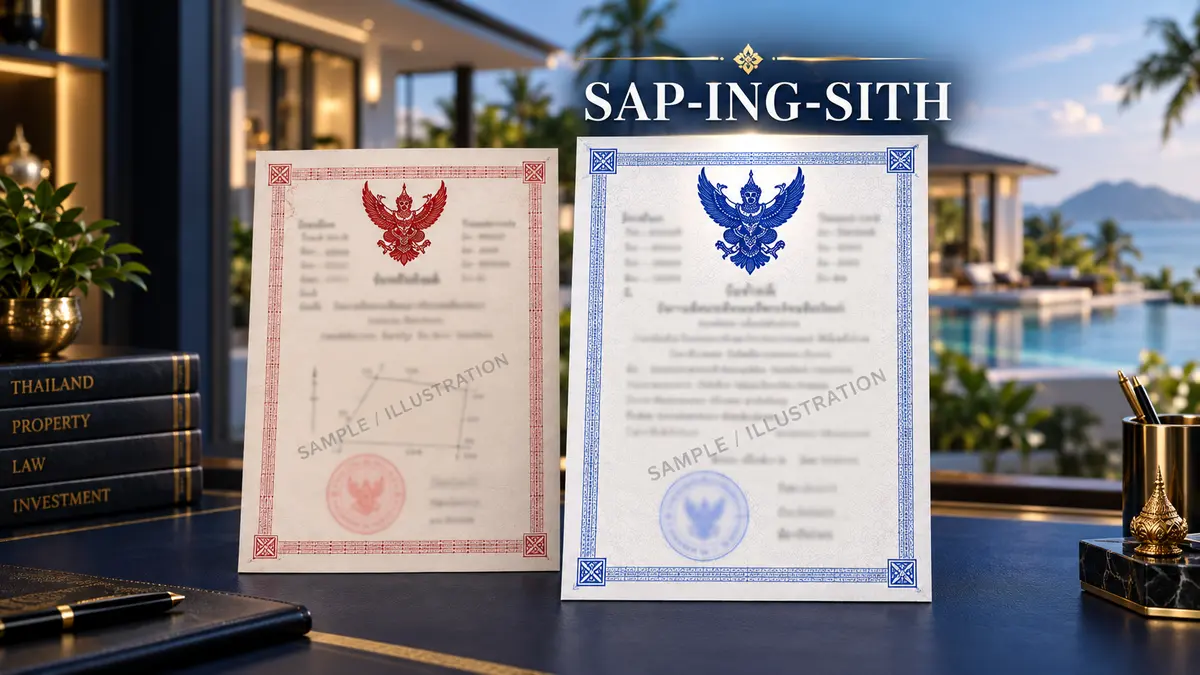 Sample Sap-Ing-Sith certificate and Chanote title deed, for illustration only